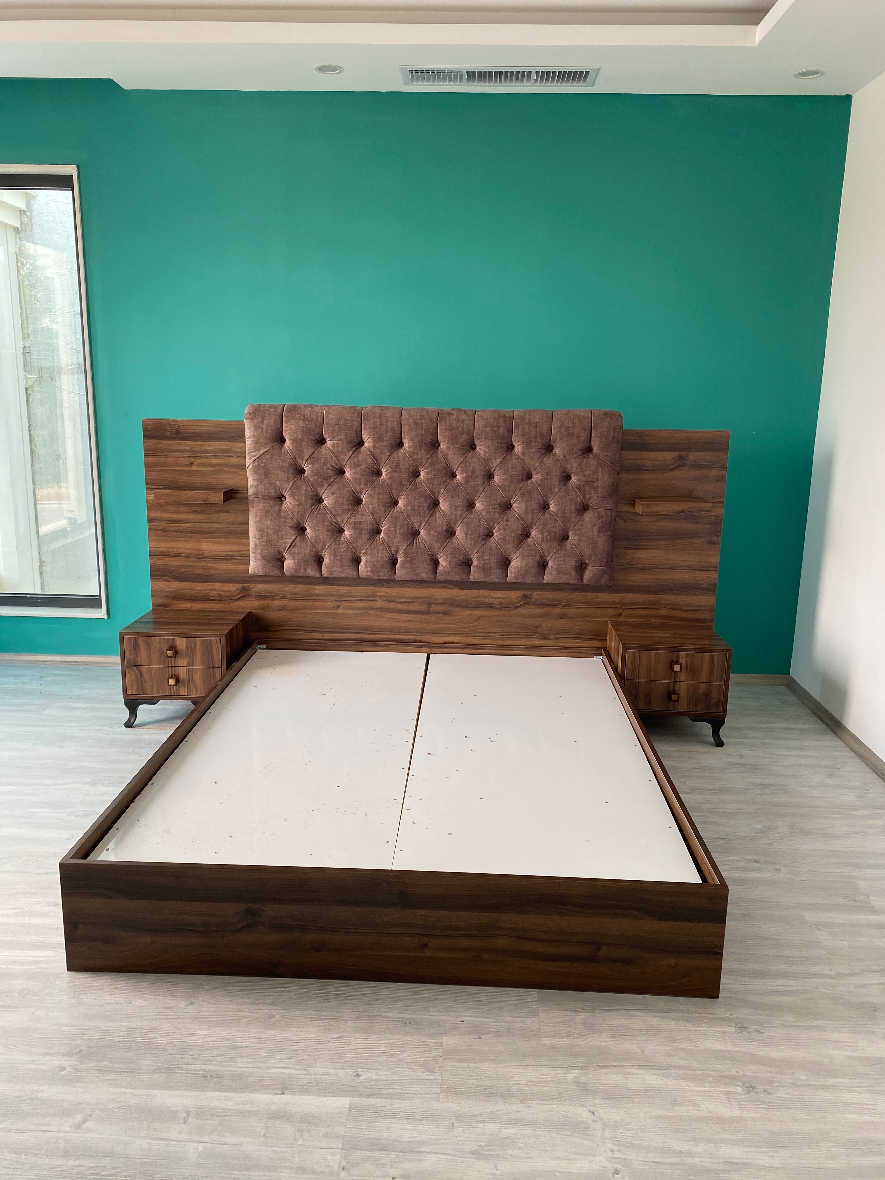 Bedroom suite — headboard, nightstands and frame in matching walnut finish